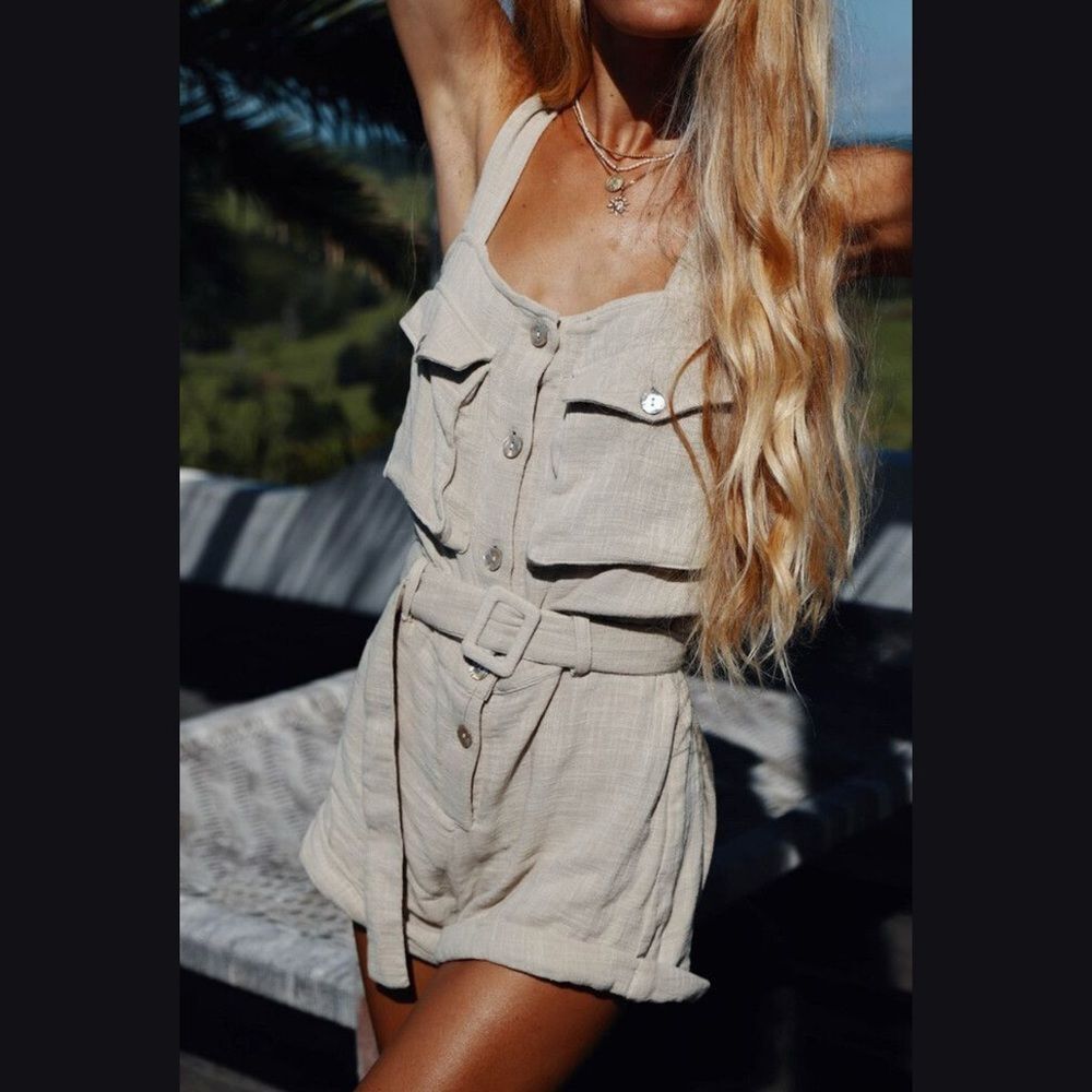 Maurie + Eve Boa Rolled Hem Jumpsuit /Romper in Sand